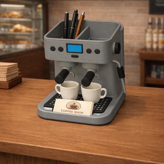 Espresso Machine Pen Holder STL – Coffee Desk Organizer – Barista Desk Decor – Business Card Holder Option – 3D Print Coffee Lover Gift