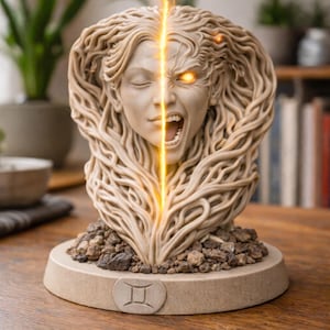 May include: A beige sculpture of a woman's face, split down the middle with one side serene and the other contorted in a scream. A glowing yellow light emanates from the split. The sculpture sits on a base with a Gemini symbol.