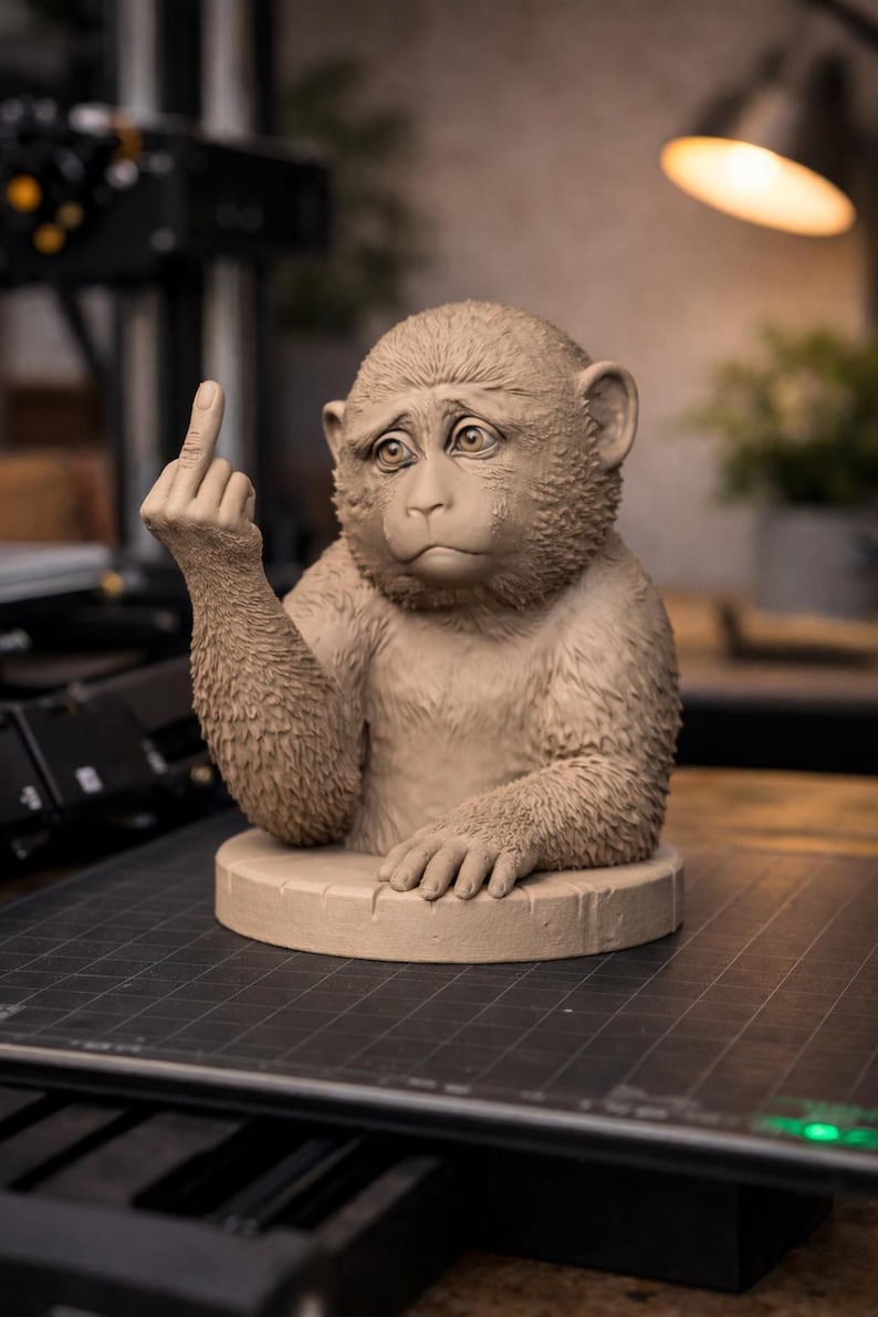 May include: A tan-colored monkey sculpture with a sad expression, giving the middle finger. The monkey is seated on a circular base. The sculpture is detailed and appears to be made of clay or a similar material.