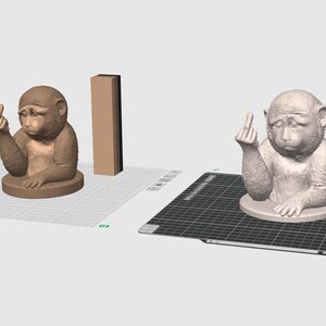 May include: 3D-printed monkey sculpture in two color variations. One is a light brown, the other is a light gray. Both sculptures are of a monkey giving the middle finger. The monkey is sitting on a round base.