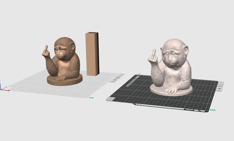 May include: 3D-printed monkey sculpture in two color variations. One is a light brown, the other is a light gray. Both sculptures are of a monkey giving the middle finger. The monkey is sitting on a round base.