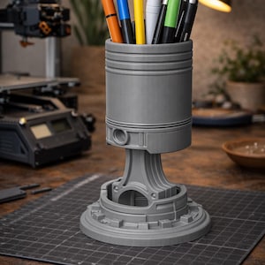 Könnte beinhalten: Ein grauer Stifthalter in Form eines Motor-Kolbens, gefüllt mit bunten Stiften und Bleistiften. Der Halter besteht aus einem harten Material und steht auf einer dunklen Oberfläche. Die Stifte sind orange, blau, gelb, weiß, grün und schwarz.