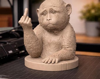 One Teak Wood Funny Monkey Middle Finger Carving, Gag Gift