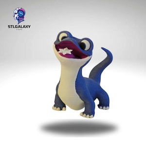 May include: A blue and white 3D printed figurine of a lizard with a snowflake in its mouth. The lizard is standing on a white surface.