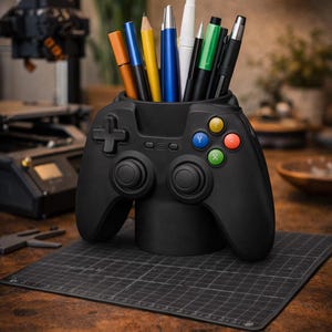 Può includere: Portapenne nero a forma di controller per videogiochi, pieno di penne e matite colorate. Il controller ha pulsanti colorati e un D-pad. Il supporto è su un tappetino a griglia nero su una superficie di legno.