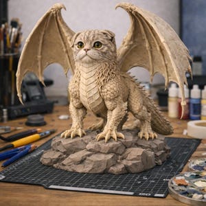 May include: A detailed sculpture of a cat-dragon hybrid. The beige-colored creature has large wings, a feline face, and a dragon-like body, standing on a rocky base. The sculpture is on a wooden table with art supplies.