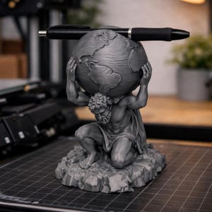 Op de afbeelding: Een grijze Atlas standbeeld pennenhouder, die de Titaan toont die een wereldbol draagt. Een zwarte pen rust op de wereldbol. De sculptuur staat op een zwart rasteroppervlak, met een vage achtergrond.