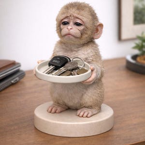 May include: A resin monkey figurine holding a small, round, white tray with keys and coins. The monkey is light brown with a sad expression. The figurine sits on a beige circular base, perfect for a desk or entryway.