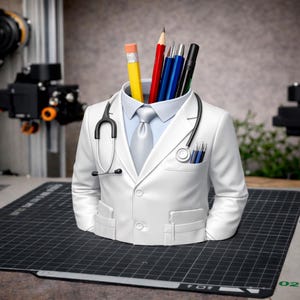 Può includere: Un organizer da scrivania bianco a forma di camice da medico, con uno stetoscopio e matite. L'organizer ha una camicia azzurra e una cravatta grigia. Le matite sono gialle, rosse, blu e nere.