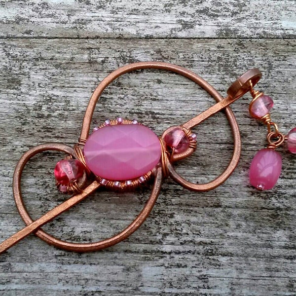 Hammered Copper Pink Cat Eye Barrette
