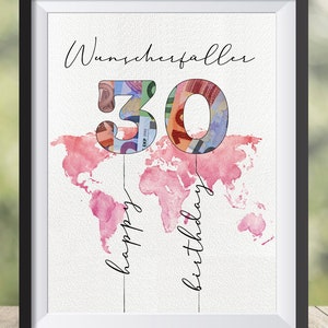 Regalo de dinero para el 30 cumpleaños - cumplimiento de deseos - tarjeta de cumpleaños/descarga de imagen para imprimir - feliz cumpleaños