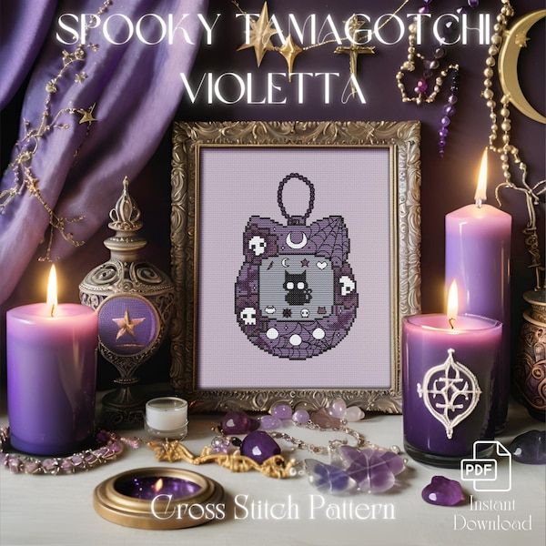 Mystic Cross Stitch Pattern - Spooky Tamagotchi - Violetta  | Digital PDF Chart, Needlework Design, Home Decor, DIY Craft, Instant Download