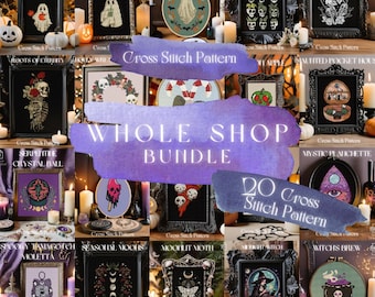 May include: A collection of 20 cross-stitch patterns with a Halloween theme. The images include framed designs of ghosts, skulls, witches, and other spooky elements. The text "Whole Shop Bundle" and "20 Cross Stitch Pattern" are visible.