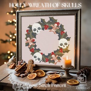 Mystic Cross Stitch Pattern - Holly Wreath of Skulls  | Digital PDF Chart, Unique Needlework Design, Home Decor, DIY Craft, Instant Download