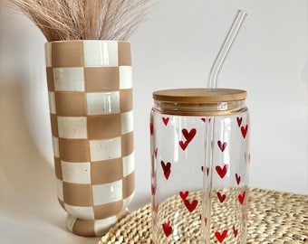 Personalized | Custom Heart Glass Tumbler with Straw & Bamboo Lid - 16oz Iced Coffee Cup