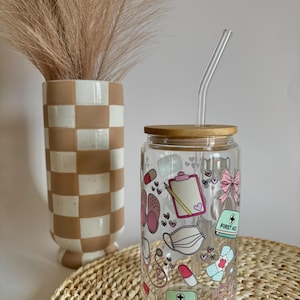 Nursing Tumbler, Glass Cups, Personalized Glass Tumbler Straw and Lid, Glass Tumbler, Iced Coffee Cup, Nursing Cup, Nurse Appreciation Gift