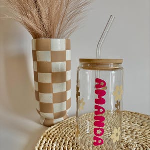 CUSTOM Name Cups With Lid and Straw, Glass Cups, Personalized Glass Tumbler with Straw and Lid, Glass Tumbler, Iced Coffee Cup