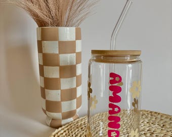 Copo térmico personalizado com nome, canudo e tampa de bambu - 473ml (16oz) para café gelado
