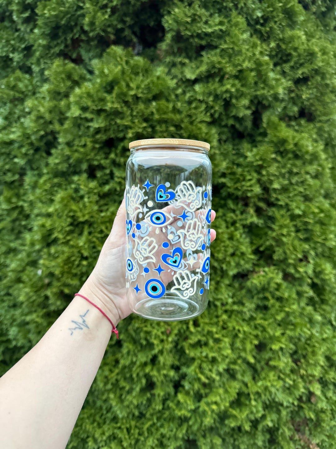 Evil Eye Glass Cup With Bamboo Lid & Straw - Iced Coffee Tumbler - Etsy