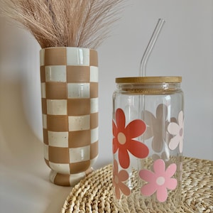 Large Flower Glass Cups With Lid and Straw, Flower Glass Cups, Glass Tumbler with Straw and Lid, Glass Tumbler, Iced Coffee Cup