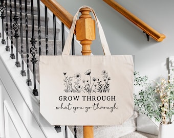 Growth Quote Bag, Motivational Inspirational Tote Bag, Grow With What You Experience Canvas Tote Bag, Birthday Gift For Him, Flower Tote Bag