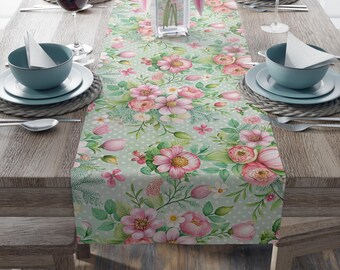 Pink Floral Table Runner, Easter Spring Cotton Poly Fabric, Blue Pink Kitchen Dining Home Decor, Party Holiday Gift