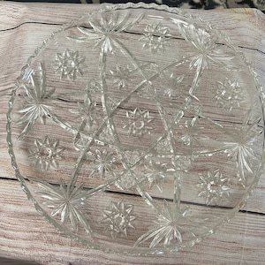 Vintage Anchor Hocking Star of David 13.5&quot; Scalloped Edge Glass Round Serving Platter, Mid-Century Glassware