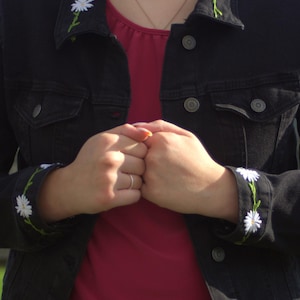 Daisy Embroidered Black Denim Jacket For Women