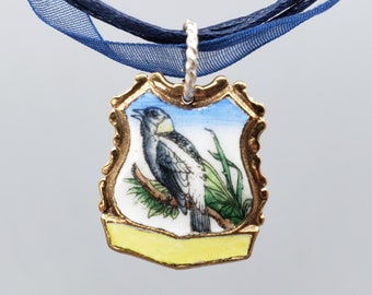 Pretty Enameled Bird Pendant, Made from a Vintage Silverplate Collector Spoon Handle - K0285