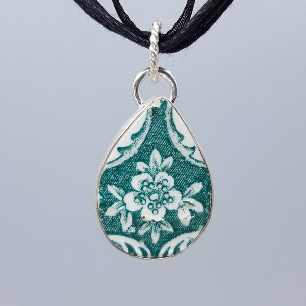 Teardrop Green Floral Broken China and Sterling Pendant, Made from a Vintage Alhambra China Plate - K0328