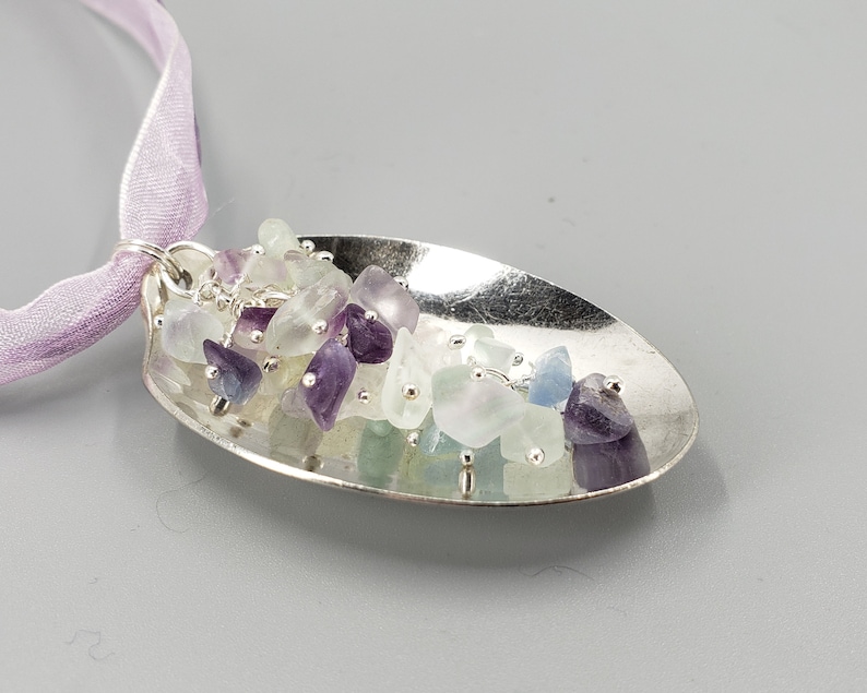 made from a vintage silverplate teaspoon Spoon Pendant with Fluorite Tumbled Chip Beads K0180