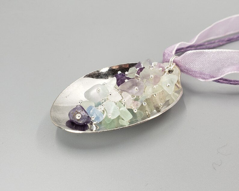 made from a vintage silverplate teaspoon Spoon Pendant with Fluorite Tumbled Chip Beads K0180