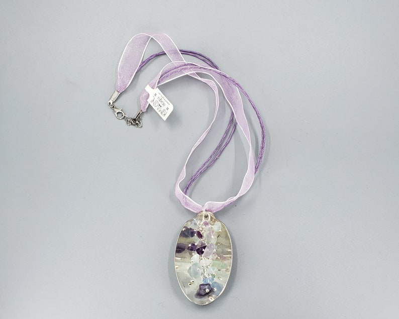 made from a vintage silverplate teaspoon Spoon Pendant with Fluorite Tumbled Chip Beads K0180