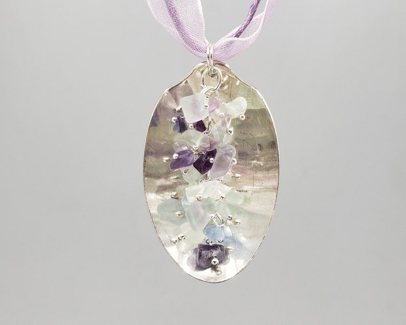 made from a vintage silverplate teaspoon Spoon Pendant with Fluorite Tumbled Chip Beads K0180