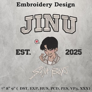 May include: An embroidery design featuring the name "JINU" in silver, block letters above an illustration of a smiling anime-style character. The design includes the text "EST. 2025" and "Spirit Boys" below the character. The design is available in 7", 8", and 9" sizes.