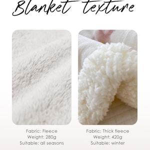 May include: Two close-up images of white fleece fabric. The first image shows a smooth fleece fabric with the text "Fabric: Fleece, Weight: 280g, Suitable: all seasons". The second image shows a thick, fluffy fleece fabric with the text "Fabric: Thick fleece, Weight: 420g, Suitable: winter".