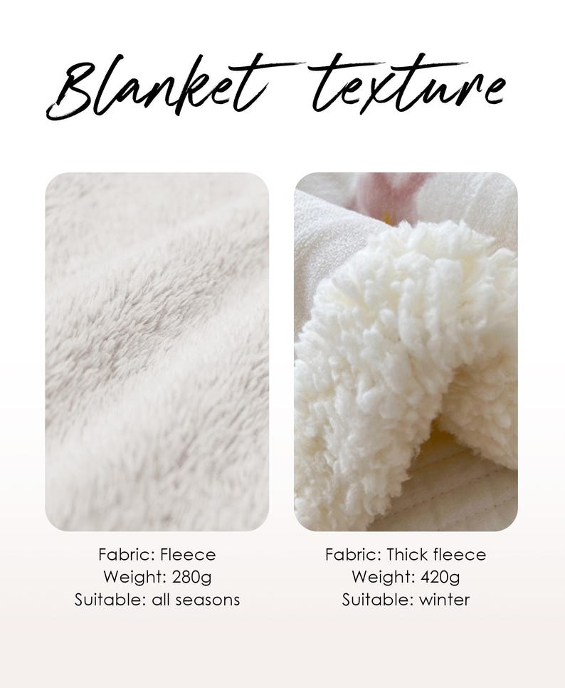 May include: Two close-up images of white fleece fabric. The first image shows a smooth fleece fabric with the text "Fabric: Fleece, Weight: 280g, Suitable: all seasons". The second image shows a thick, fluffy fleece fabric with the text "Fabric: Thick fleece, Weight: 420g, Suitable: winter".