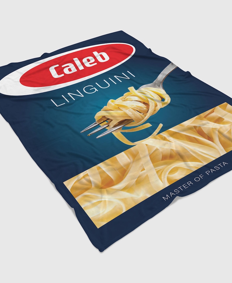 May include: A blue and yellow package of Caleb Linguini pasta. The package features a fork with a portion of linguini pasta on it. The text "Caleb Linguini" is in red and white on a red oval. The text "Master of Pasta" is in white on a blue background.