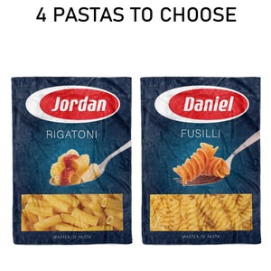 May include: Two boxes of pasta, one labeled "Jordan Rigatoni" and the other "Daniel Fusilli". Both boxes feature a blue background with a red logo and a picture of the pasta.