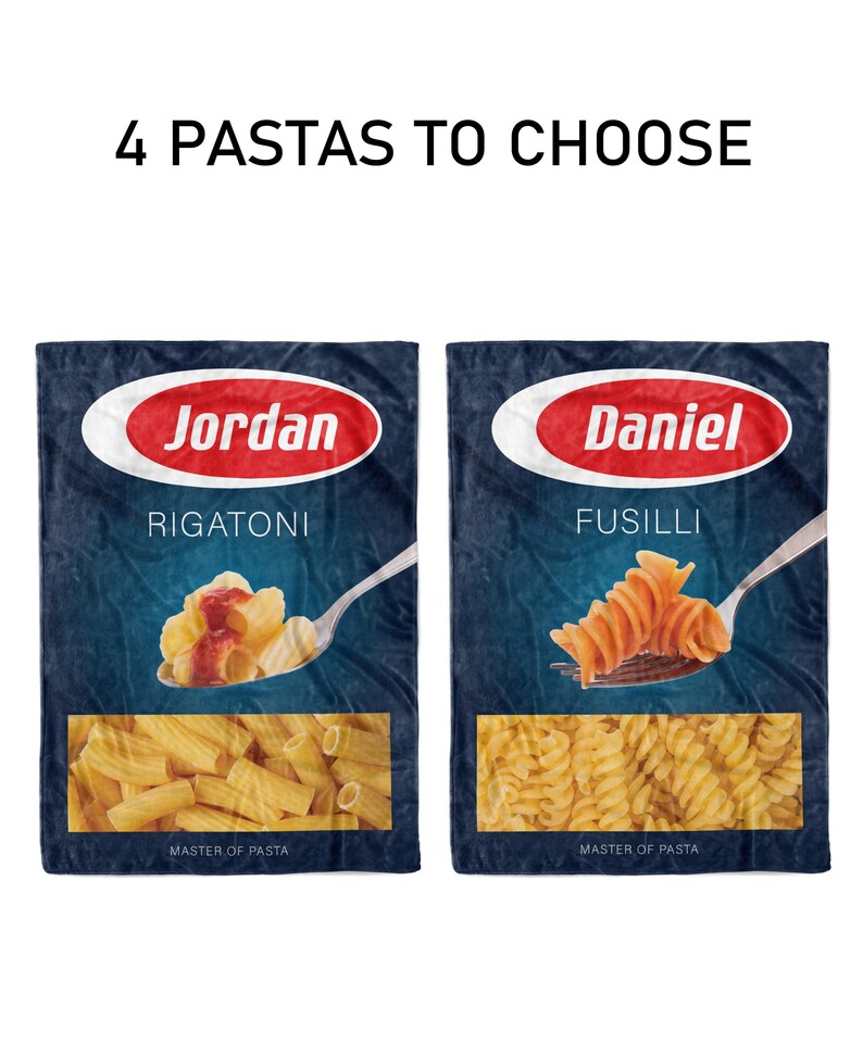 May include: Two boxes of pasta, one labeled "Jordan Rigatoni" and the other "Daniel Fusilli". Both boxes feature a blue background with a red logo and a picture of the pasta.