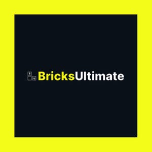 Puede incluir: Un logotipo en blanco y negro con el texto "BricksUltimate" en letras blancas. El logotipo también incluye dos cuadrados amarillos con las letras "B" y "U" en su interior.