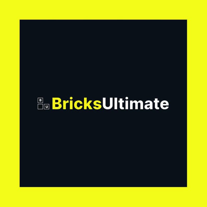 May include: A black and white logo with the text "BricksUltimate" in white letters. The logo also includes two yellow squares with the letters "B" and "U" inside.