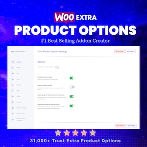 Könnte beinhalten: Ein Screenshot eines Computerbildschirms, der das Einstellungsfeld für das Woo Extra Product Options-Plugin zeigt. Das Feld hat einen blauen Hintergrund und weißen Text. Die Einstellungen umfassen Optionen für das verzögerte Laden von Bildern, das Vorladen von Lightbox-Bildern, das Aktivieren des Plugins für WooCommerce-Shortcodes und das Aktivieren von Shortcodes in Optionszeichenfolgen. Der Text "31.000+ Trust Extra Product Options" wird am unteren Bildschirmrand angezeigt.