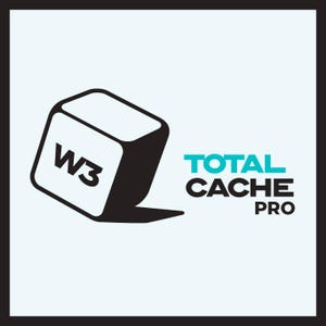 Può includere: Un logo in bianco e nero con un cubo che dice "W3" e il testo "TOTAL CACHE PRO" in blu.