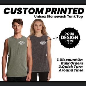 Custom Unisex Stonewash Tanktop, Personalized Front Back Logo Text Print Design, Gym Workout Session Tanktops, Cotton Sleeveless Tanktops