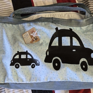 Sac fourre-tout en flanelle et denim, fourre-tout, sac avec poignée sur le dessus, sac à provisions, fourre-tout à jouets, sac réutilisable