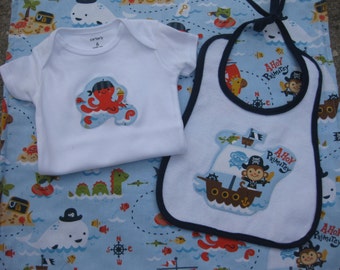 Pirate baby gift set - onesie bib blanket ahoy baby boy gift buried treasure