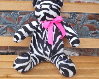 Teddy bear made from plushy zebra fabric black white zebra stripe fabric