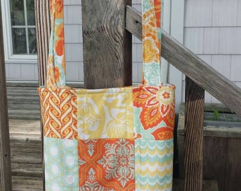 Quilted purse handbag shoulder strap teal orange yellow "citrus heirloom" fabrics quiltsy handmade