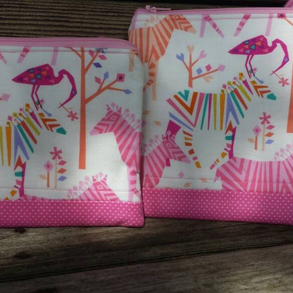 On Sale: Pink zipper bag wristlet rainbow zebra bird crane stork flamingo phone case pouch Origami Michael Miller fabric